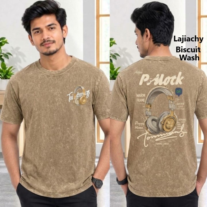 Men Premium Drop Shoulder Acid Wash Printed T-Shirts (Biscuit Wash)