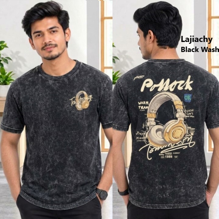 Men Premium Drop Shoulder Acid Wash Printed T-Shirts (Black Wash)