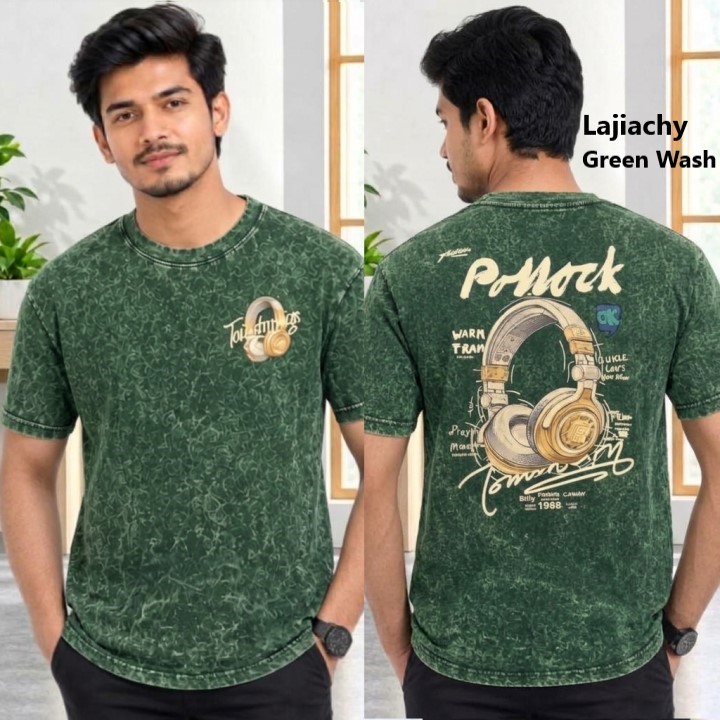 Men Premium Drop Shoulder Acid Wash Printed T-Shirts (Green Wash)