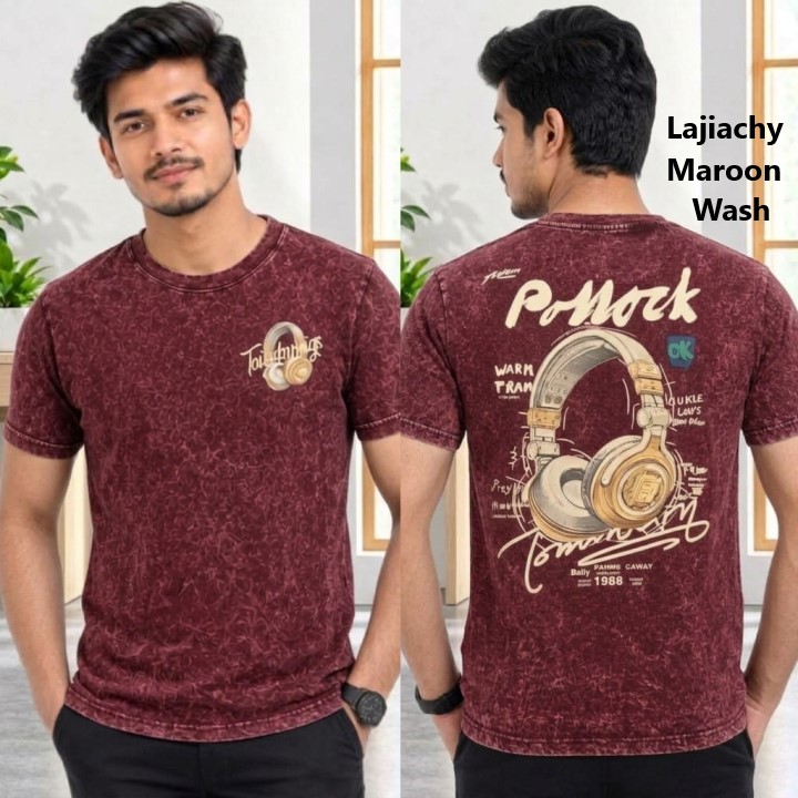 Men Premium Drop Shoulder Acid Wash Printed T-Shirts (Maroon Wash)
