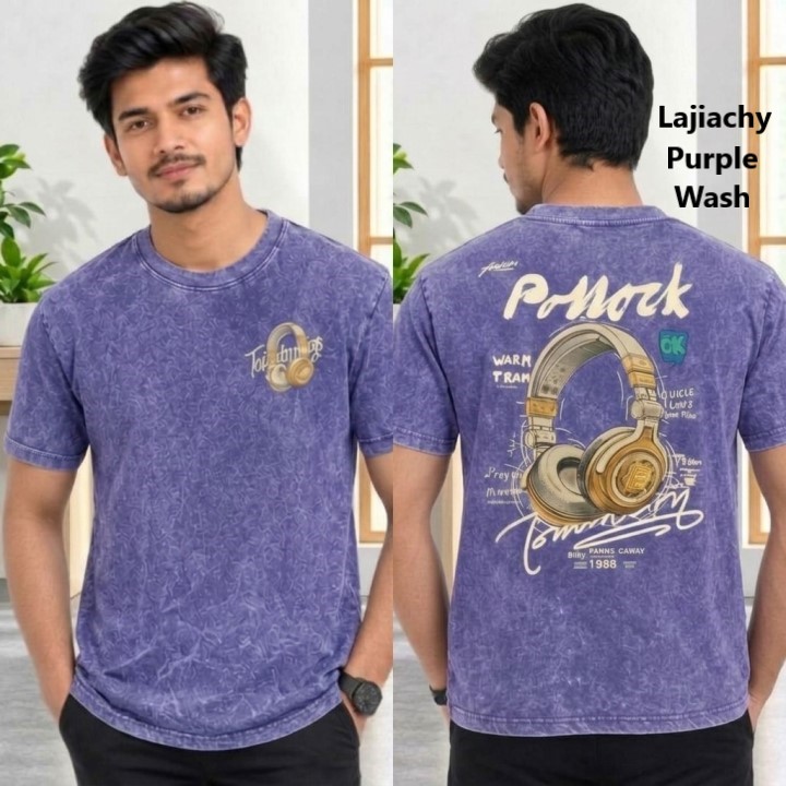 Men Premium Drop Shoulder Acid Wash Printed T-Shirts (Purple Wash)