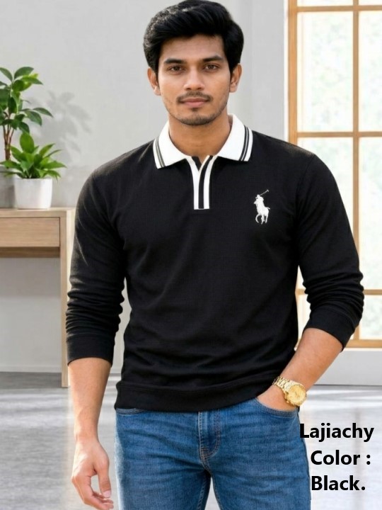 China Polo, Mens Long Sleeve Cord Fabrics China Polo With Embroidery (Black)