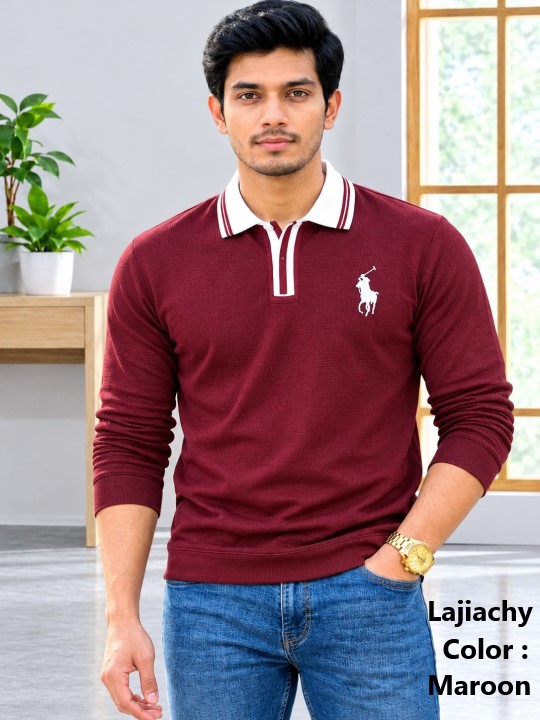 China Polo, Mens Long Sleeve Cord Fabrics China Polo With Embroidery (Maroon)