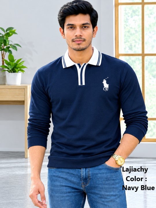 China Polo, Mens Long Sleeve Cord Fabrics China Polo With Embroidery (Navy Blue)