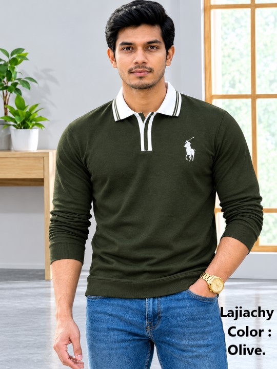 China Polo, Mens Long Sleeve Cord Fabrics China Polo With Embroidery (Olive)