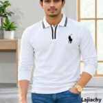 China Polo, Mens Long Sleeve Cord Fabrics China Polo With Embroidery (White)
