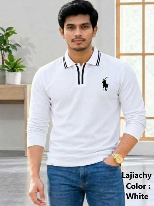 China Polo, Mens Long Sleeve Cord Fabrics China Polo With Embroidery (White)