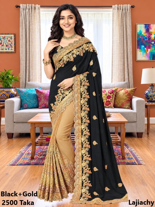 Indian Georgette Saree with Blouse Piece full Body Embroidery (Black+Gold)