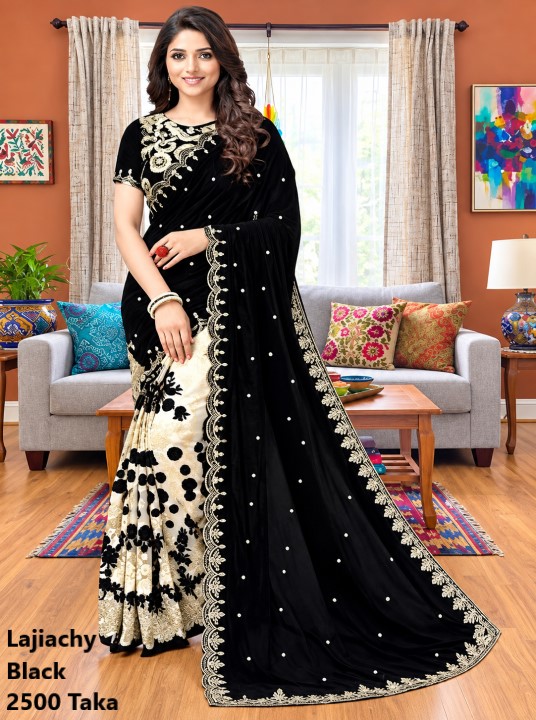 Indian Georgette Saree with Blouse Piece full Body Embroidery (Black)