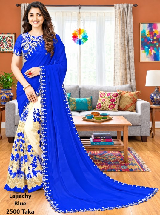 Indian Georgette Saree with Blouse Piece full Body Embroidery (Blue)