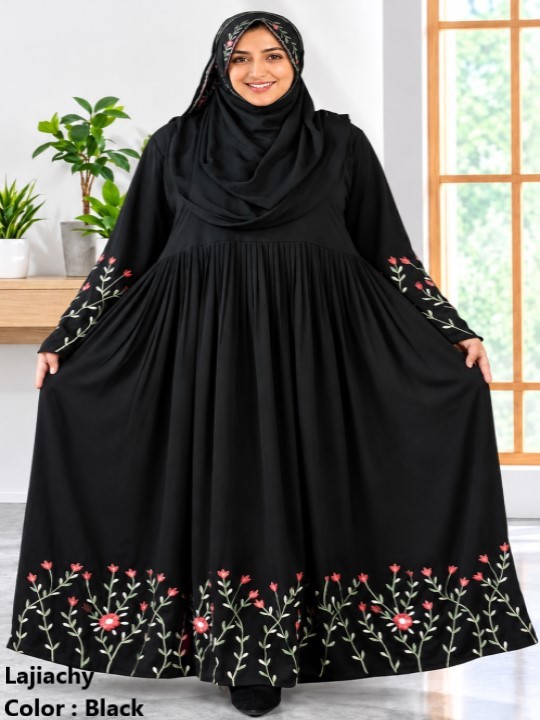 Borka With Hijab, Dubai Cherry Fabric Embroidery Borka with Hijab (Black)