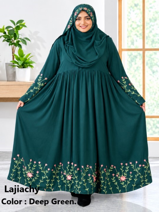 Borka With Hijab, Dubai Cherry Fabric Embroidery Borka with Hijab (Deep Green)