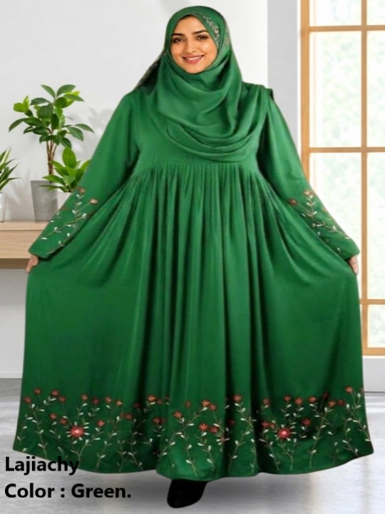 Borka With Hijab, Dubai Cherry Fabric Embroidery Borka with Hijab (Green)