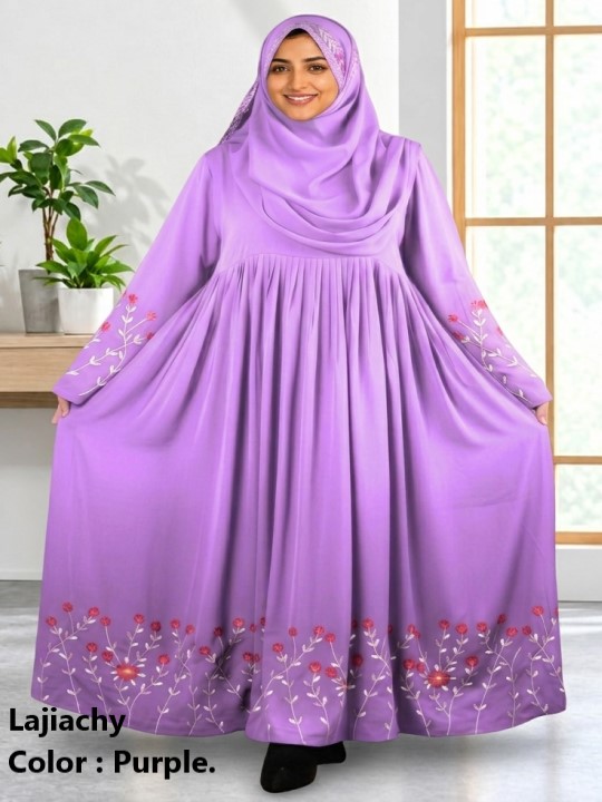 Borka With Hijab, Dubai Cherry Fabric Embroidery Borka with Hijab (Purple)