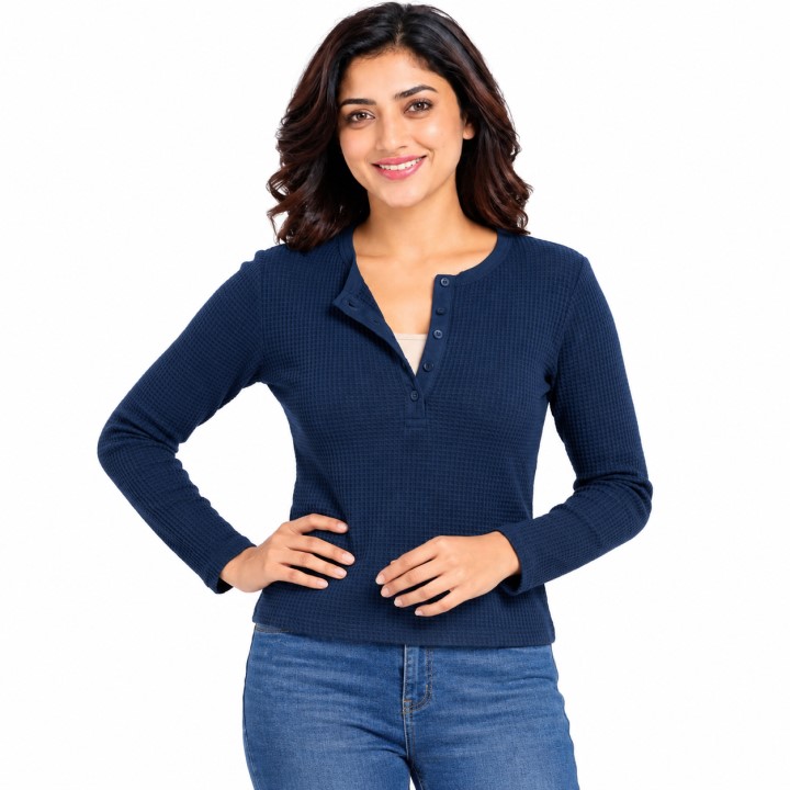 Heavy Weight Fashionable Thermal Henley T-Shirts for Women (Navy Blue)