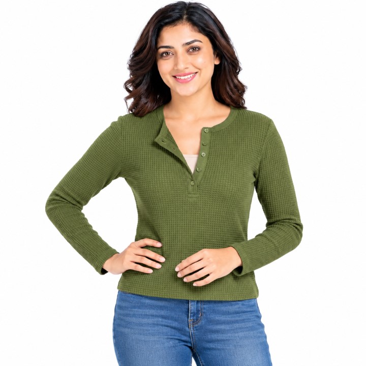 Heavy Weight Fashionable Thermal Henley T-Shirts for Women (Olive)