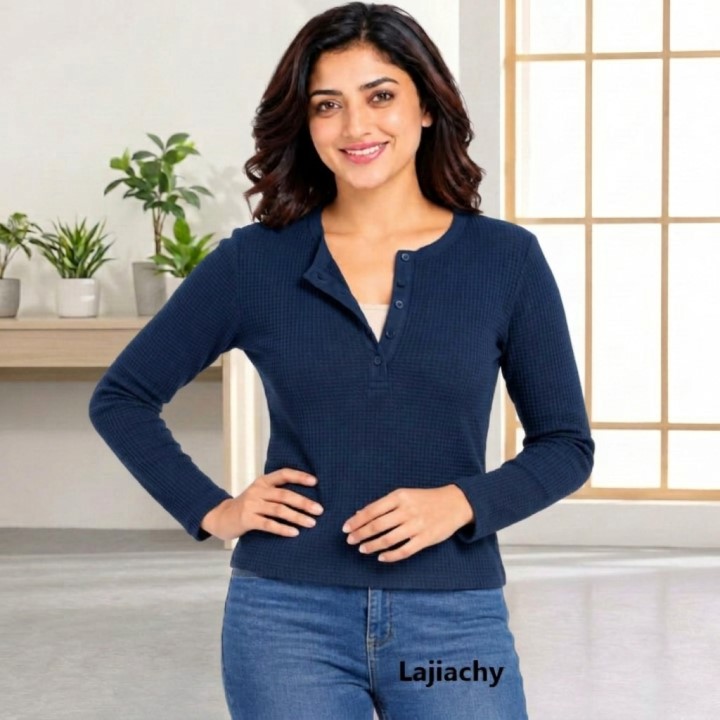 Heavy Weight Fashionable Thermal Henley T-Shirts for Women (Navy Blue)