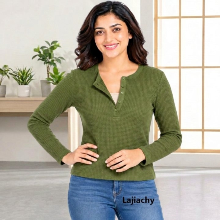 Heavy Weight Fashionable Thermal Henley T-Shirts for Women (Olive)