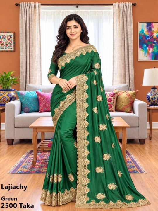 Indian Georgette Saree with Blouse Piece full Body Embroidery (Green)
