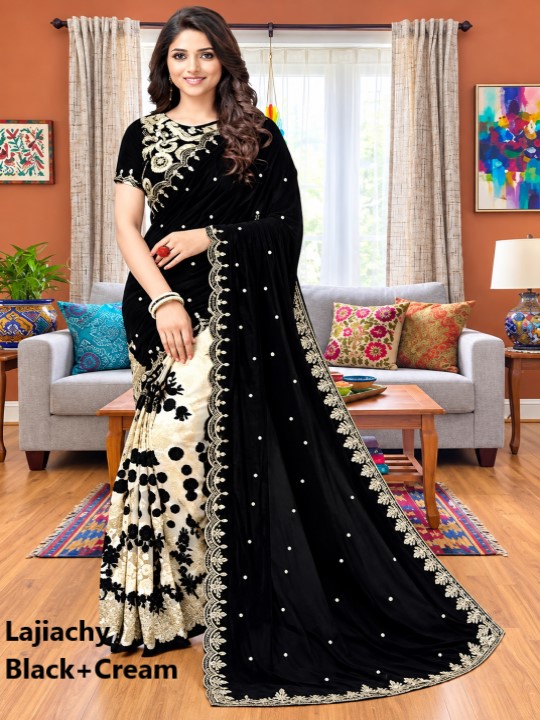 Indian Georgette Saree with Blouse Piece full Body Embroidery (Black + Cream)