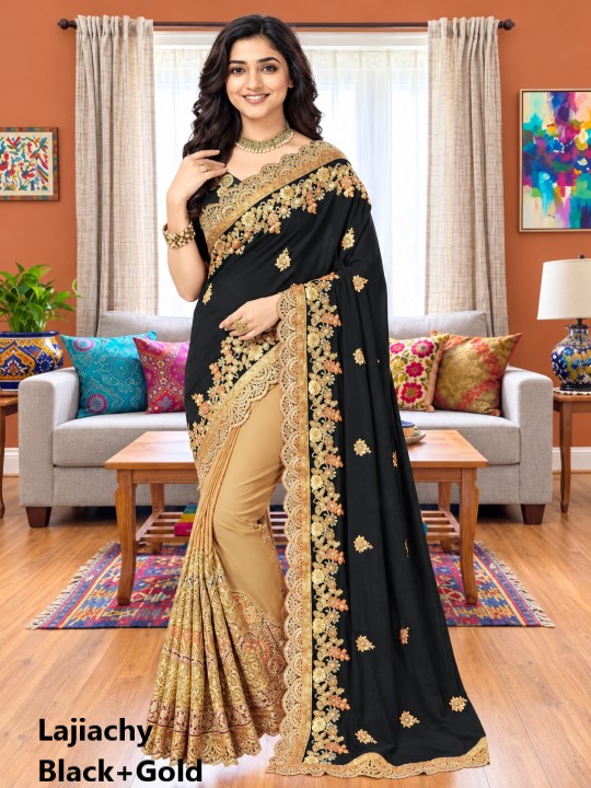 Indian Georgette Saree with Blouse Piece full Body Embroidery (Black+Gold)