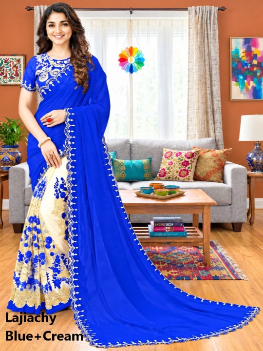 Indian Georgette Saree with Blouse Piece full Body Embroidery (Blue+Cream)