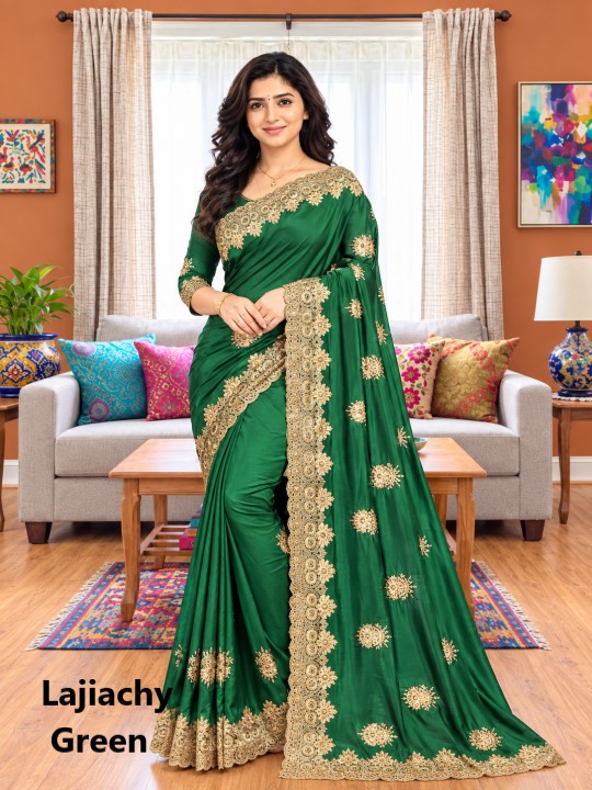 Indian Georgette Saree with Blouse Piece full Body Embroidery (Green)
