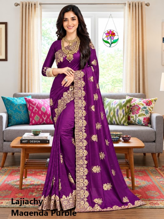 Indian Georgette Saree with Blouse Piece full Body Embroidery (Magenda Purple)