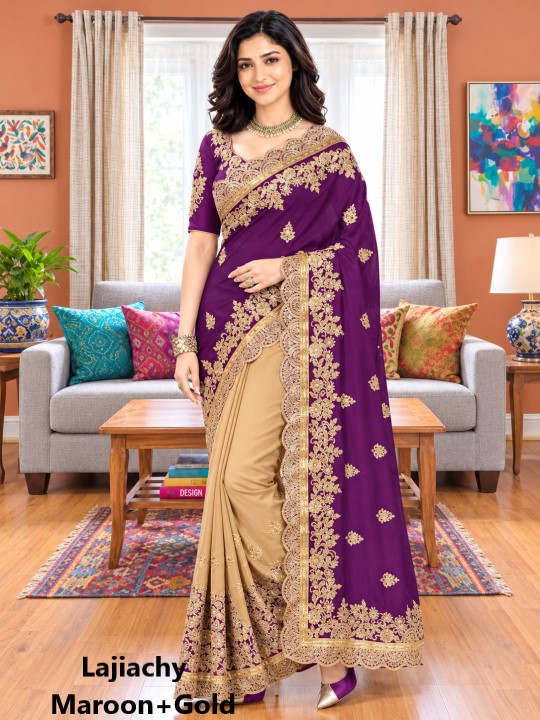Indian Georgette Saree with Blouse Piece full Body Embroidery (Maroon+Gold)