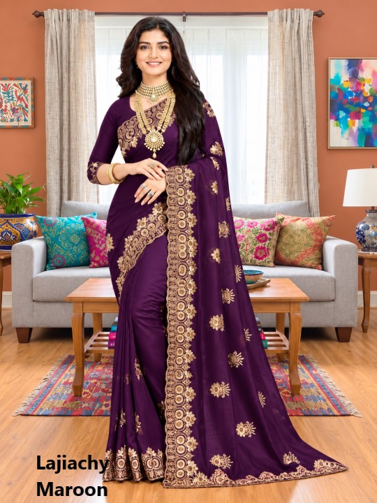 Indian Georgette Saree with Blouse Piece full Body Embroidery (Maroon)