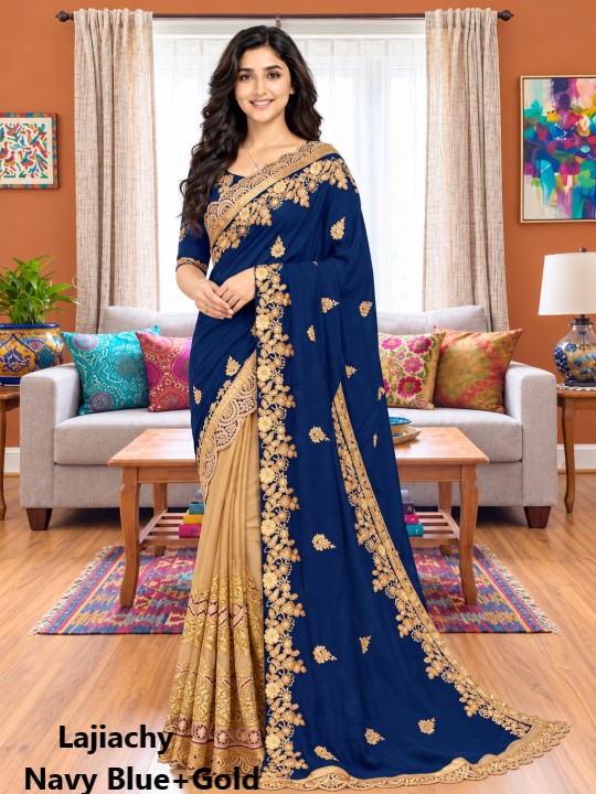 Indian Georgette Saree with Blouse Piece full Body Embroidery (Navy Blue + Gold)
