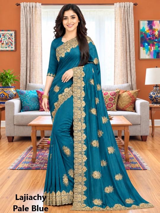 Indian Georgette Saree with Blouse Piece full Body Embroidery (Pale Green)