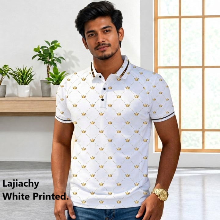 Men Stylist Casual Golden AOP Printed Polo Shirt (White AOP Golden)