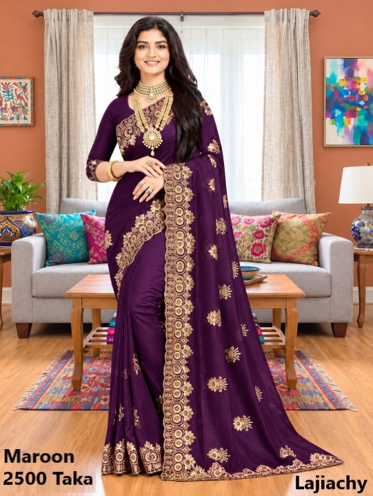 Indian Georgette Saree with Blouse Piece full Body Embroidery (Maroon)