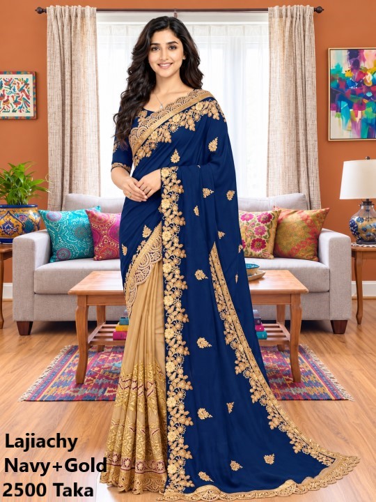 Indian Georgette Saree with Blouse Piece full Body Embroidery (Navy+Gold)