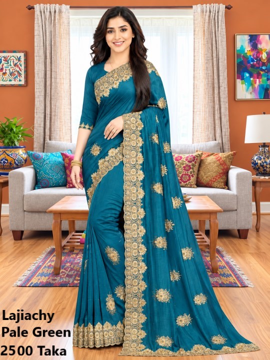Indian Georgette Saree with Blouse Piece full Body Embroidery (Pale Green)