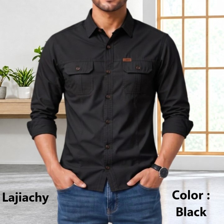 Men Stylish Cotton Full Sleeve Panel Shirt (Black)