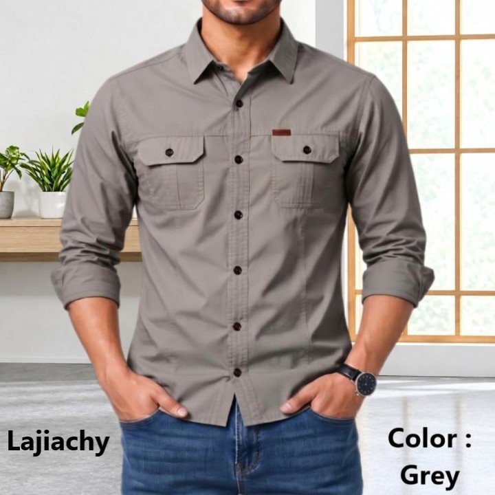 Men Stylish Cotton Full Sleeve Panel Shirt (Grey)
