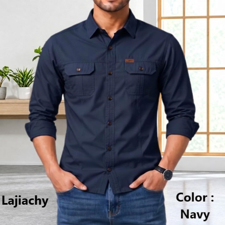 Men Stylish Cotton Full Sleeve Panel Shirt (Navy Blue)