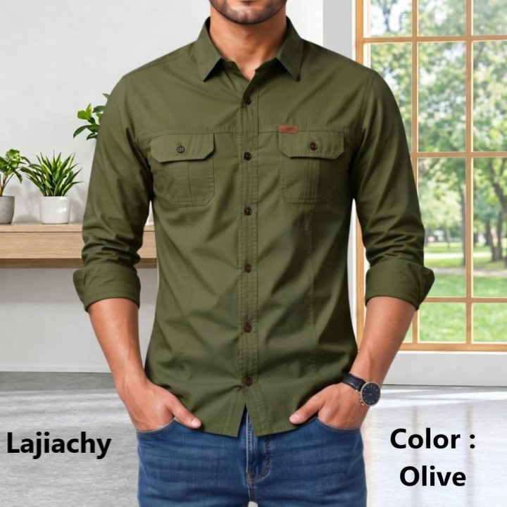 Men Stylish Cotton Full Sleeve Panel Shirt (Olive)