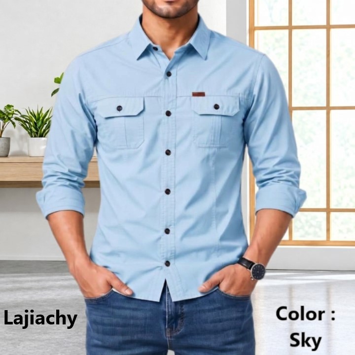 Men Stylish Cotton Full Sleeve Panel Shirt (Sky)