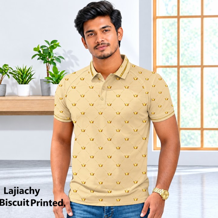 Men Stylist Casual Golden AOP Printed Polo Shirt (Biscuit AOP Golden)