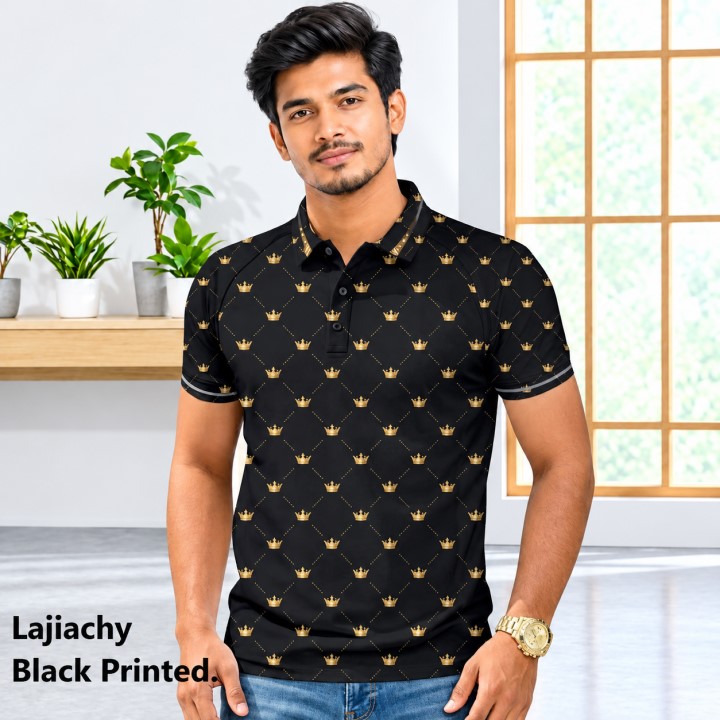 Men Stylist Casual Golden AOP Printed Polo Shirt (Black AOP Golden)