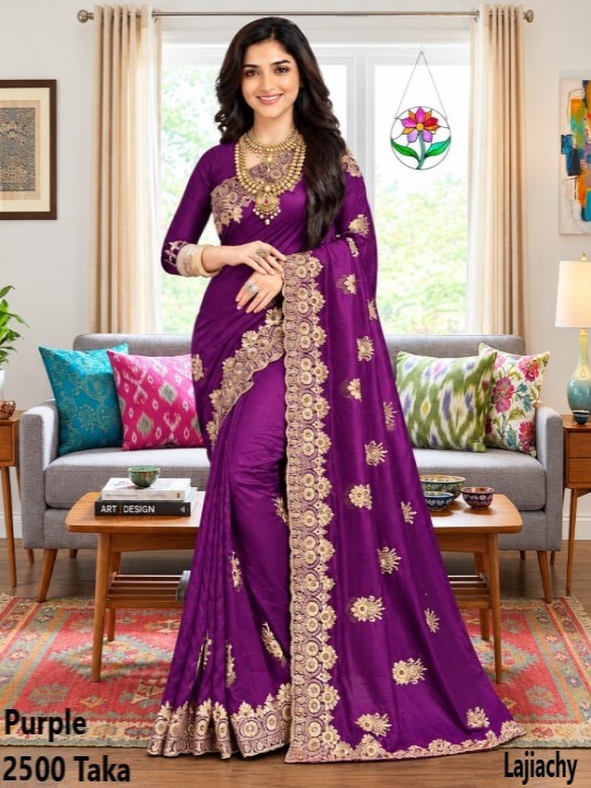 Indian Georgette Saree with Blouse Piece full Body Embroidery (Purple)