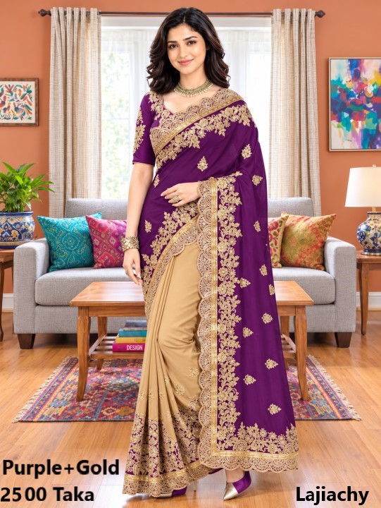 Indian Georgette Saree with Blouse Piece full Body Embroidery (Purple+Gold)