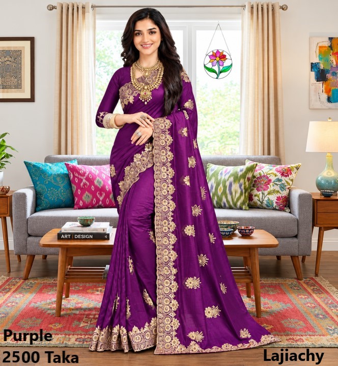 Indian Georgette Saree with Blouse Piece full Body Embroidery (Purple)