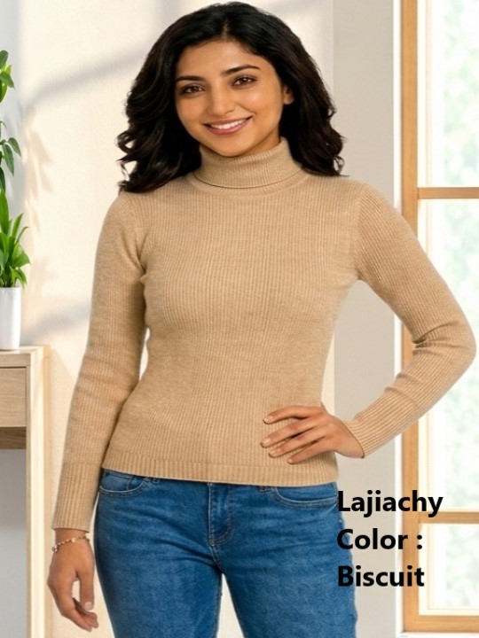 High Neck Sweater, Premium Cotton Ribbed High Neck Sweater for Women (Biscuit Color)