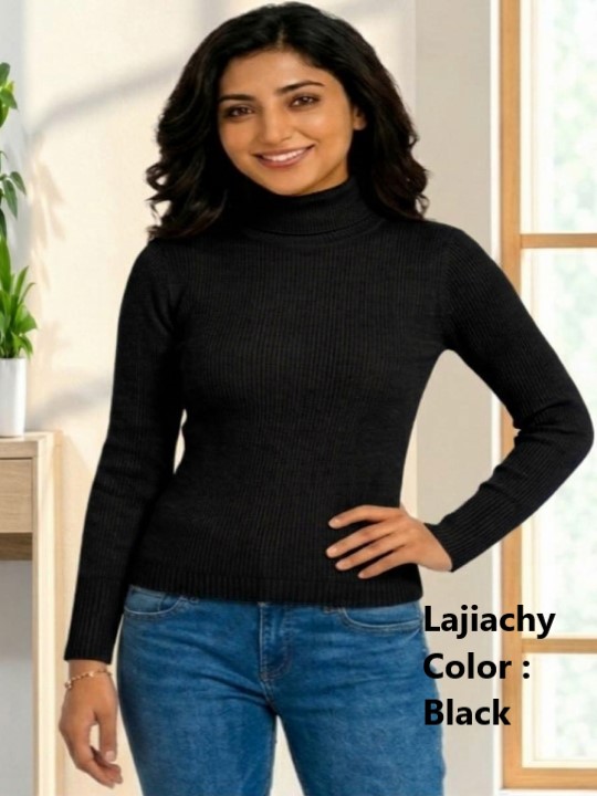 High Neck Sweater, Premium Cotton Ribbed High Neck Sweater for Women (Black)