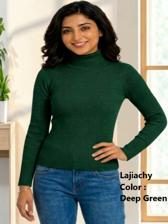 High Neck Sweater, Premium Cotton Ribbed High Neck Sweater for Women (Deep Green)