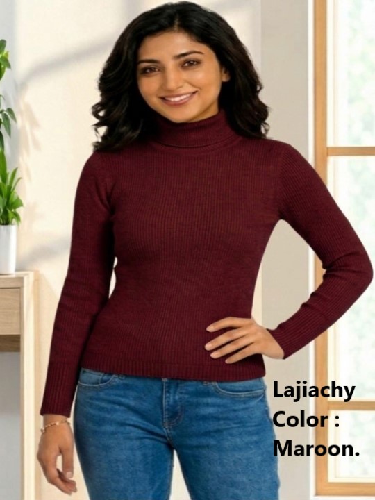 High Neck Sweater, Premium Cotton Ribbed High Neck Sweater for Women (Maroon)